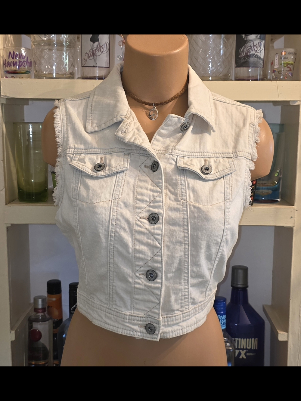 Arizona Jean Co. Denim Vest Women's M. Fringe Arm Cream Cowgirl Y2K EUC